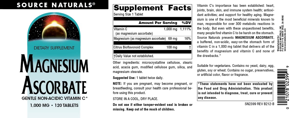 Pre-Order | Arrives in 5–10 Days – Source Naturals Magnesium Ascorbate, Gentle Non-Acidic Vitamin C*, 1000mg - 120 Tablets