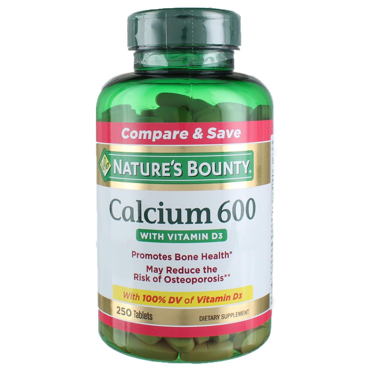 Nature's Bounty Calcium Carbonate & Vitamin D, Supports Immune Health & Bone Health, 600mg Calcium & 800IU Vitamin D3, 250 Tablets