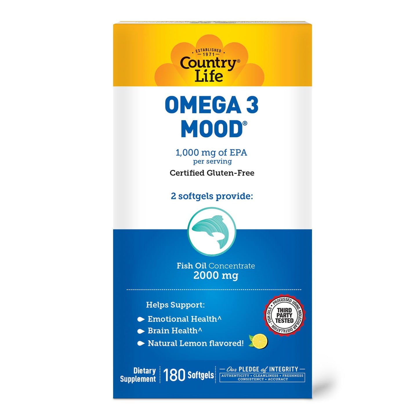 Pre-Order | Arrives in 5–10 Days – Country Life Omega 3 Fish Oil Supplement - High Concentration EPA and DHA Omega 3 Fatty Acids - 2000mg Fish Oil for Emotional Health, Mood Support, and No Fish Taste - Natural Lemon Flavor