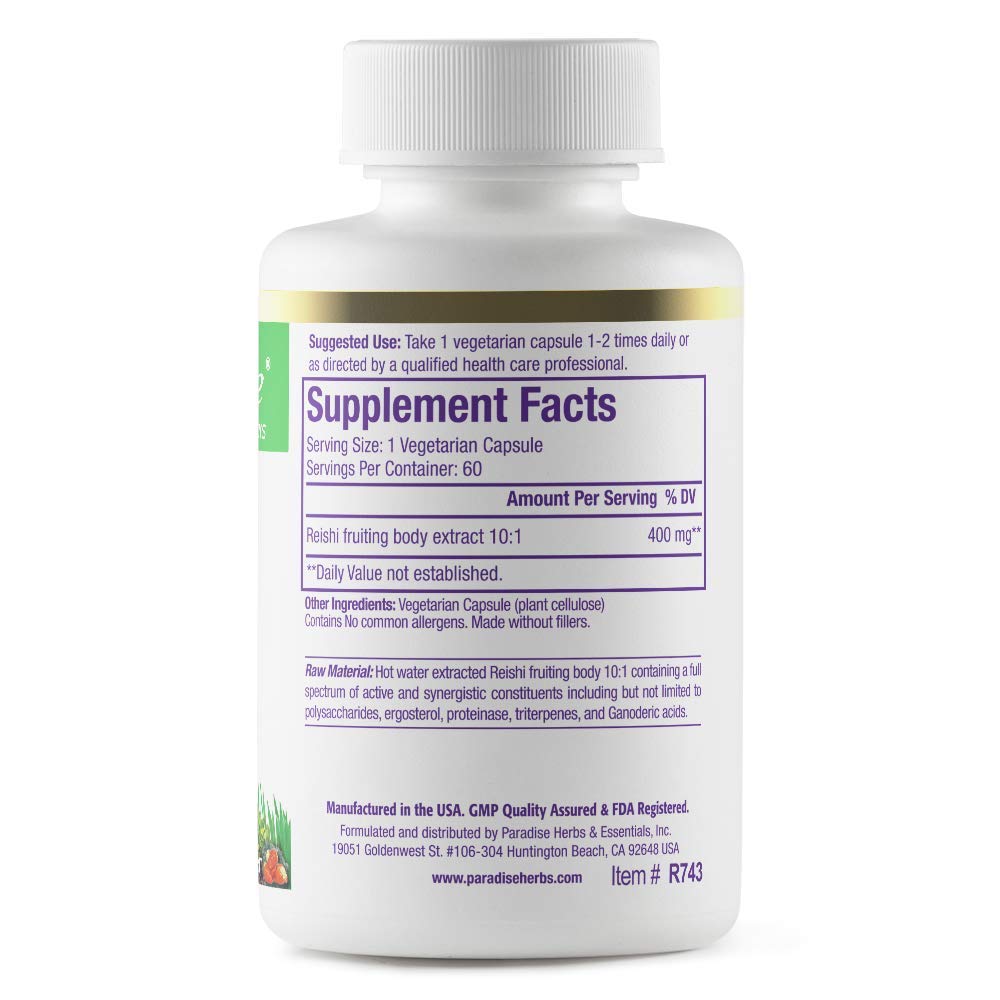 Paradise Herbs Reishi, Essential Adaptogen, Super Potent, Ultra Pure, Non-GMO, Vegan, Gluten Free, 60 Vegetarian Capsules