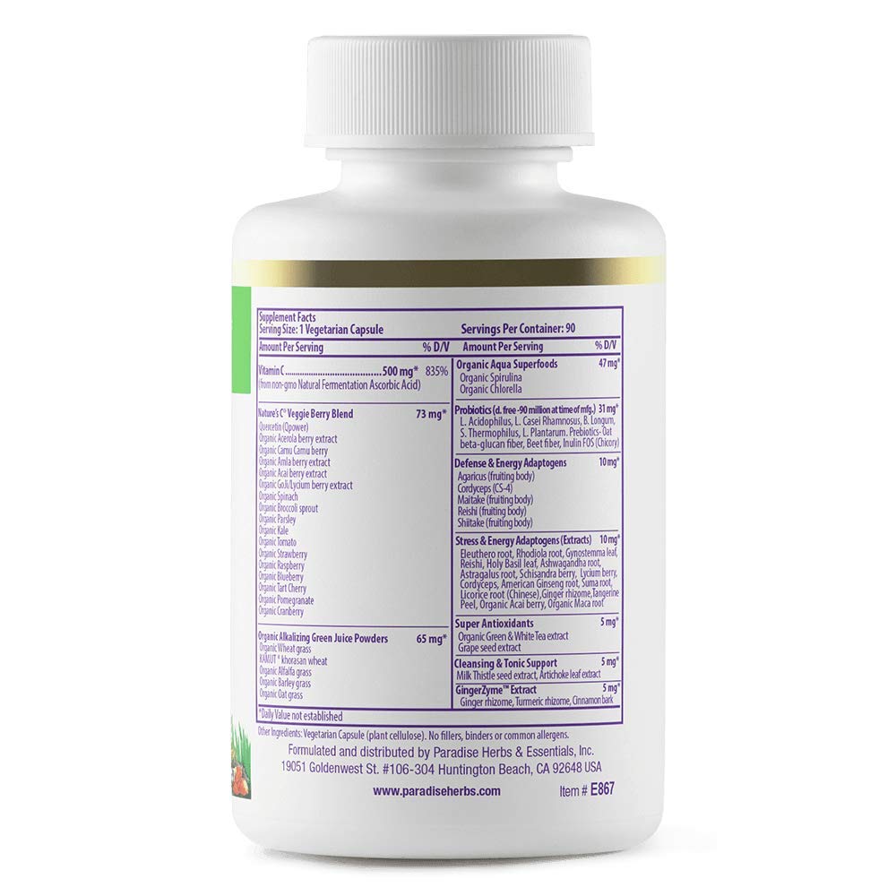Pre-Order | Arrives in 5–10 Days – Paradise Herbs Earth's Blend Vitamin C with Nature's C and Adaptogens, Superfoods Base of Probiotics & Organic Alkalizing Greens, 90 Vegetarian Capsules