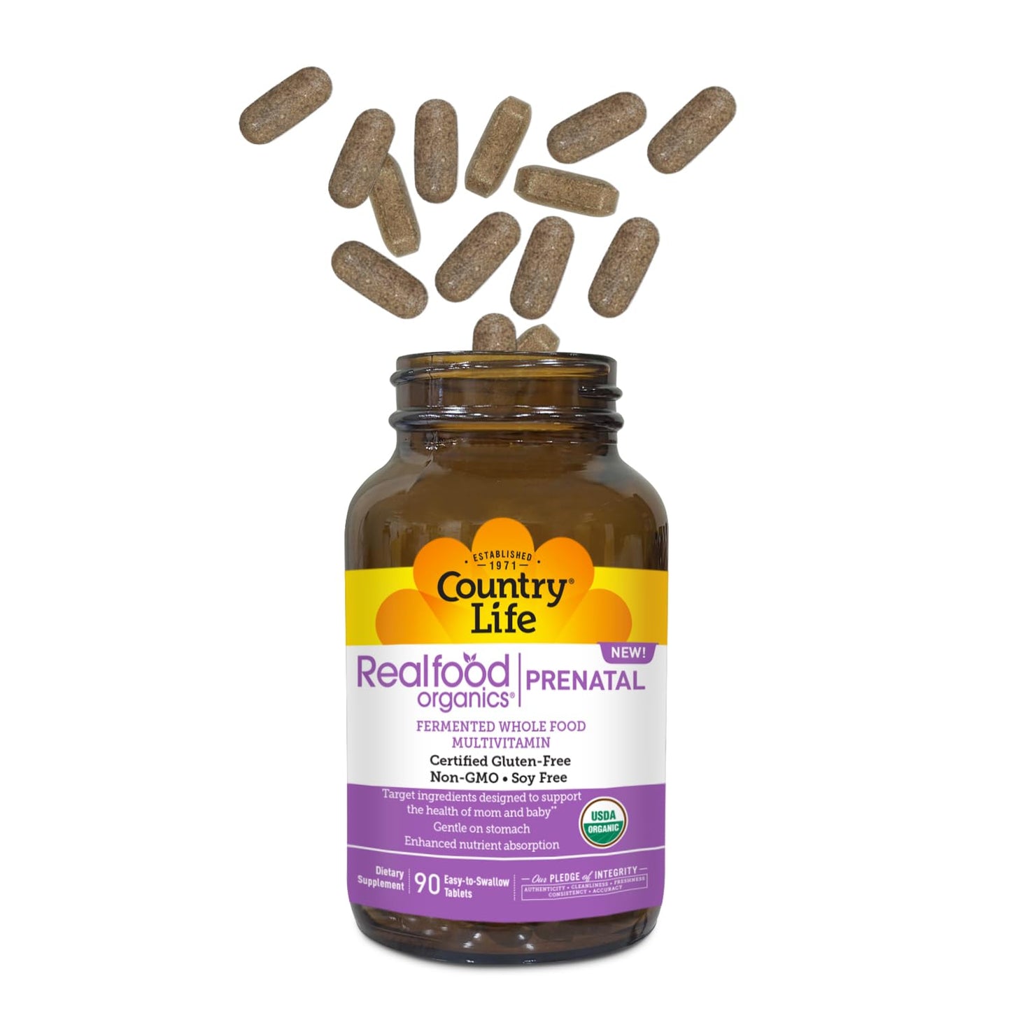 Realfood Organics Prenatal Multi - Before, During, & Post Pregnancy - Folate, D3 & Iron to Support Healthy Fetal Growth and Development*, Gentle on Stomach, Gluten-Free, Soy Free, 90 Tablets