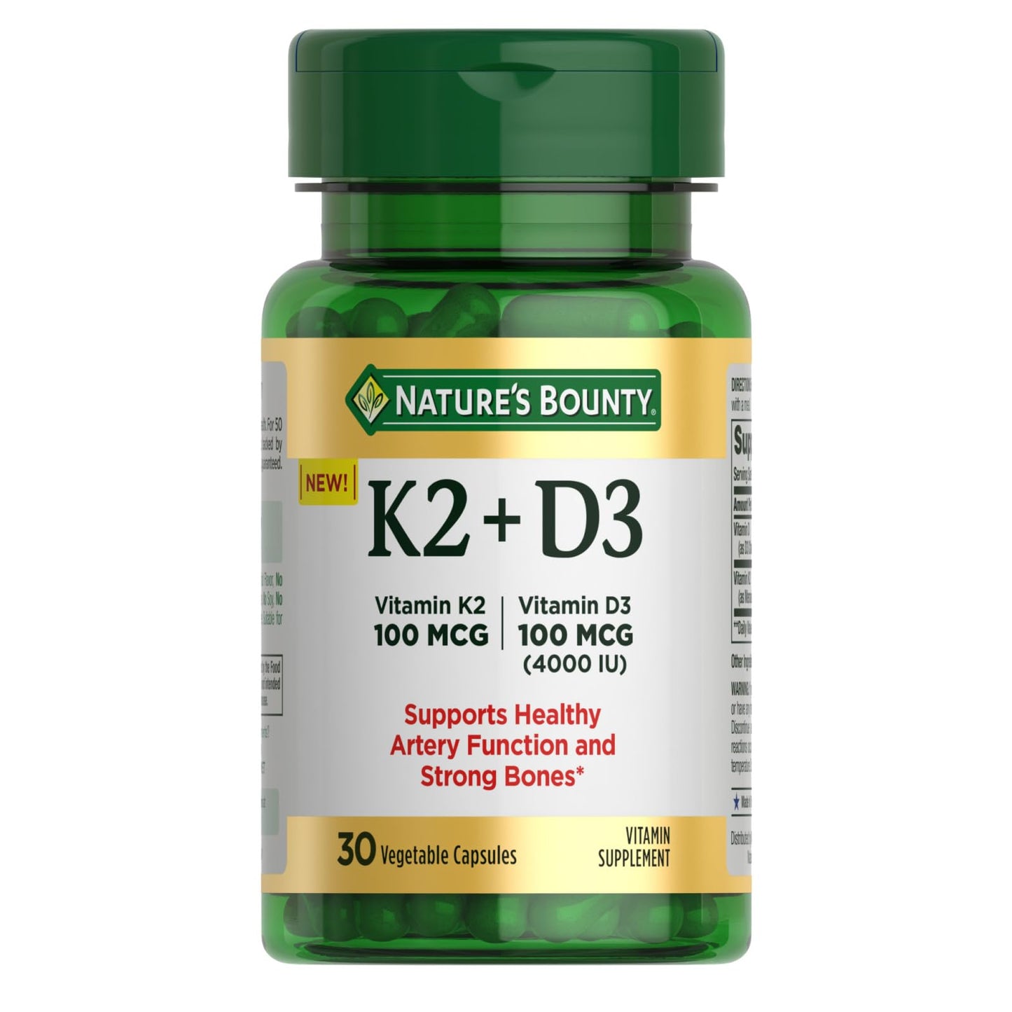 Nature's Bounty Vitamin D3 K2 Supplement, 4000 IU Vitamin D3 Plus 100 mcg of Vitamin K for Heart & Bone Health Support, 30 Day Supply, 30 Vegetarian Capsules, K2 + D3 Supplements for Adults