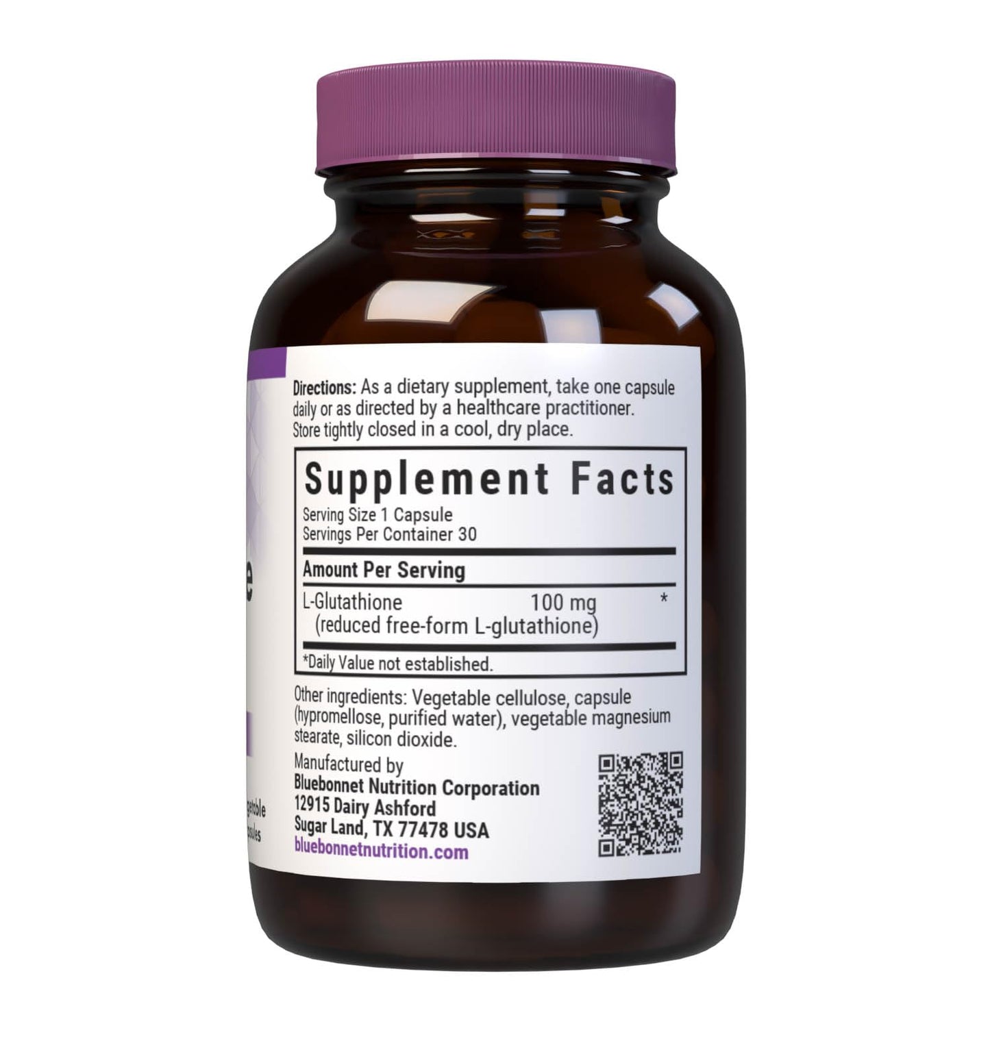 Bluebonnet Nutrition L-Glutathione 100mg, Free-Form Amino Acid, for Free Radical Protection, Soy-Free, Gluten-Free, Non-GMO, Kosher Certified, Vegan, 30 Vegetable Capsules, 30 Servings