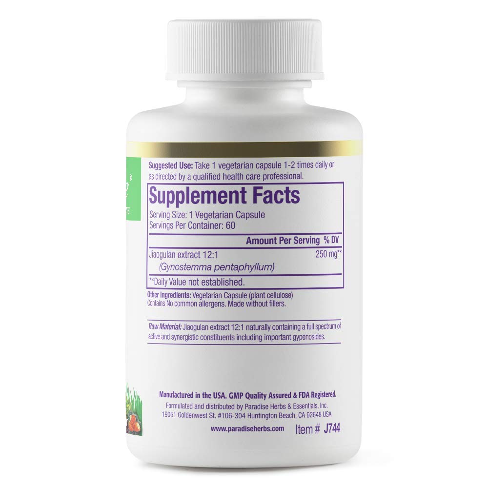 Paradise Herbs Jiaogulan, Vital Energy Adaptogen, Active Whole Spectrum, Super Potent, Ultra Pure, Vegan, Non GMO, Gluten Free 60 Vegetarian Capsules