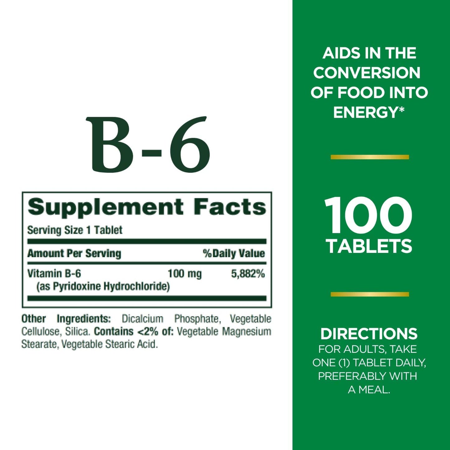 Nature's Bounty Vitamin B6, Supports Energy Metabolism and Nervous System Health, 100mg, Tablets, 100 Ct