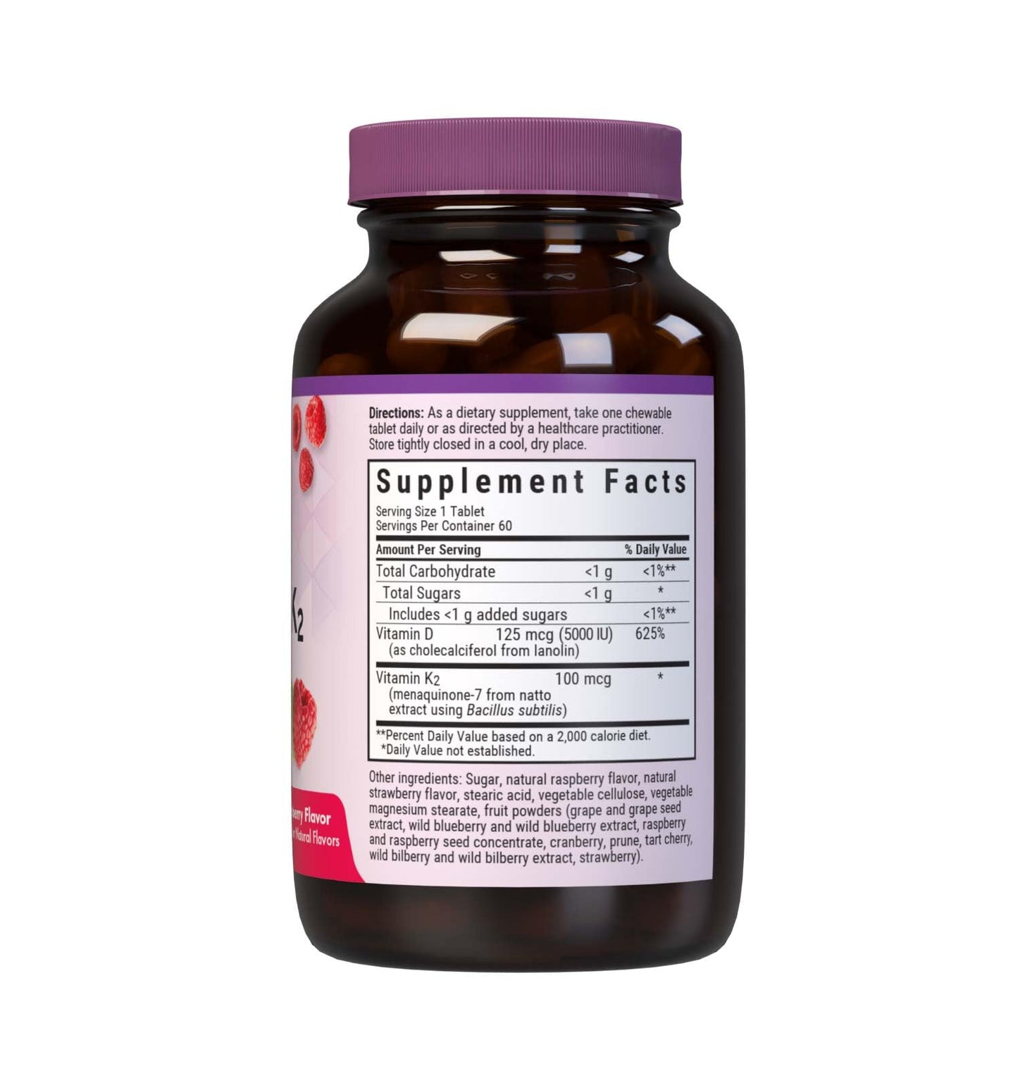 Bluebonnet Nutrition Vitamin D3 & K2 EarthSweet Chewable Tablets, for Immune, Mood & Heart Health*, Soy-Free, Gluten-Free, Non-GMO, Kosher Dairy, 60 Raspberry Flavor Chewable Tablets, 60 Servings