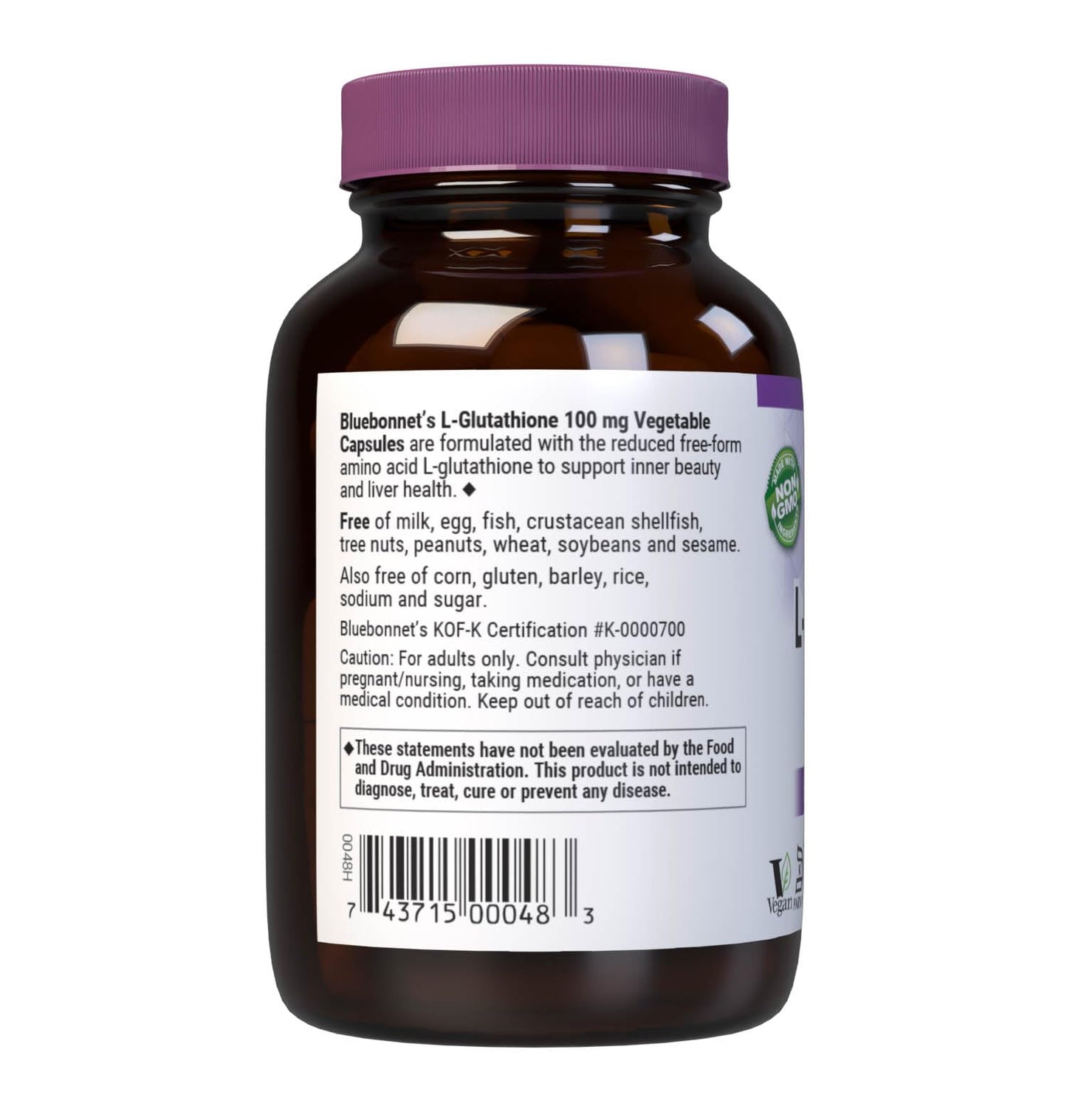 Bluebonnet Nutrition L-Glutathione 100mg, Free-Form Amino Acid, for Free Radical Protection, Soy-Free, Gluten-Free, Non-GMO, Kosher Certified, Vegan, 30 Vegetable Capsules, 30 Servings