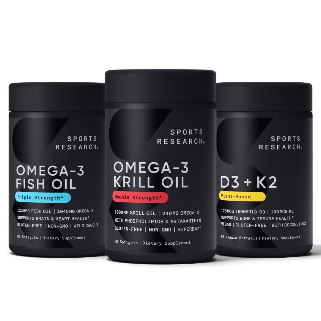 Sports Research Antarctic Krill Oil Omega 3 1000mg (Double Strength) with Phospholipids, Choline & Astaxanthin, Triple Strength Omega 3 Fish Oil Single-Source Wild Alaska Pollock 1250mg, Vitamin D3 K2