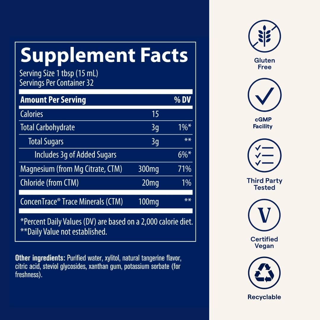 Trace Minerals Magnesium Liquid 300mg - Energy & Heart Health Support Supplement - Minerals to Aid Digestion & Hydration - Support Healthy Bones - Natural Tangerine Flavor, 16 fl oz (32 Servings)