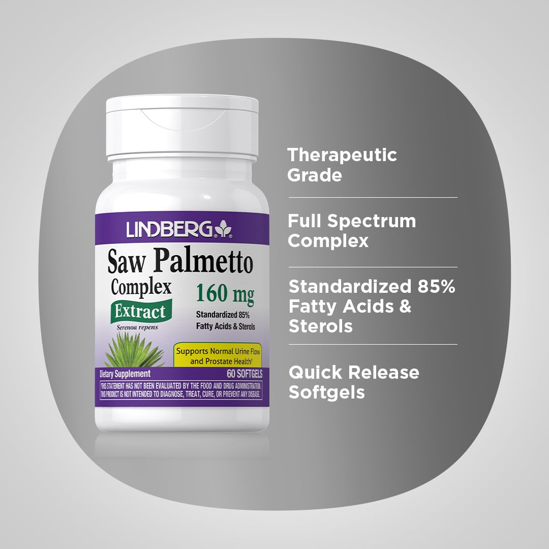 Lindberg Saw Palmetto for Men and Women | 160mg | 60 Softgels | Complex Extract Supplement | with Zinc, Pumpkin Seed, Pygeum | Non-GMO, Gluten Free