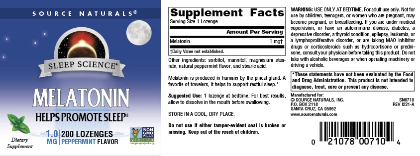 Pre-Order | Arrives in 5–10 Days – Source Naturals Melatonin, Helps Promote Sleep*, 1 mg - 200 Peppermint Flavored Lozenges