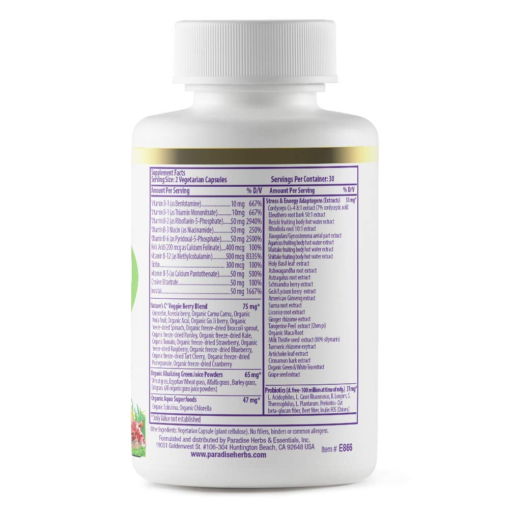 Paradise Herbs, Earth's Blend B-Complex, Methylated, Enzymatically Active Forms of B Vitamins + Superfoods, Supports Energy & Immunity, 60 Capsules