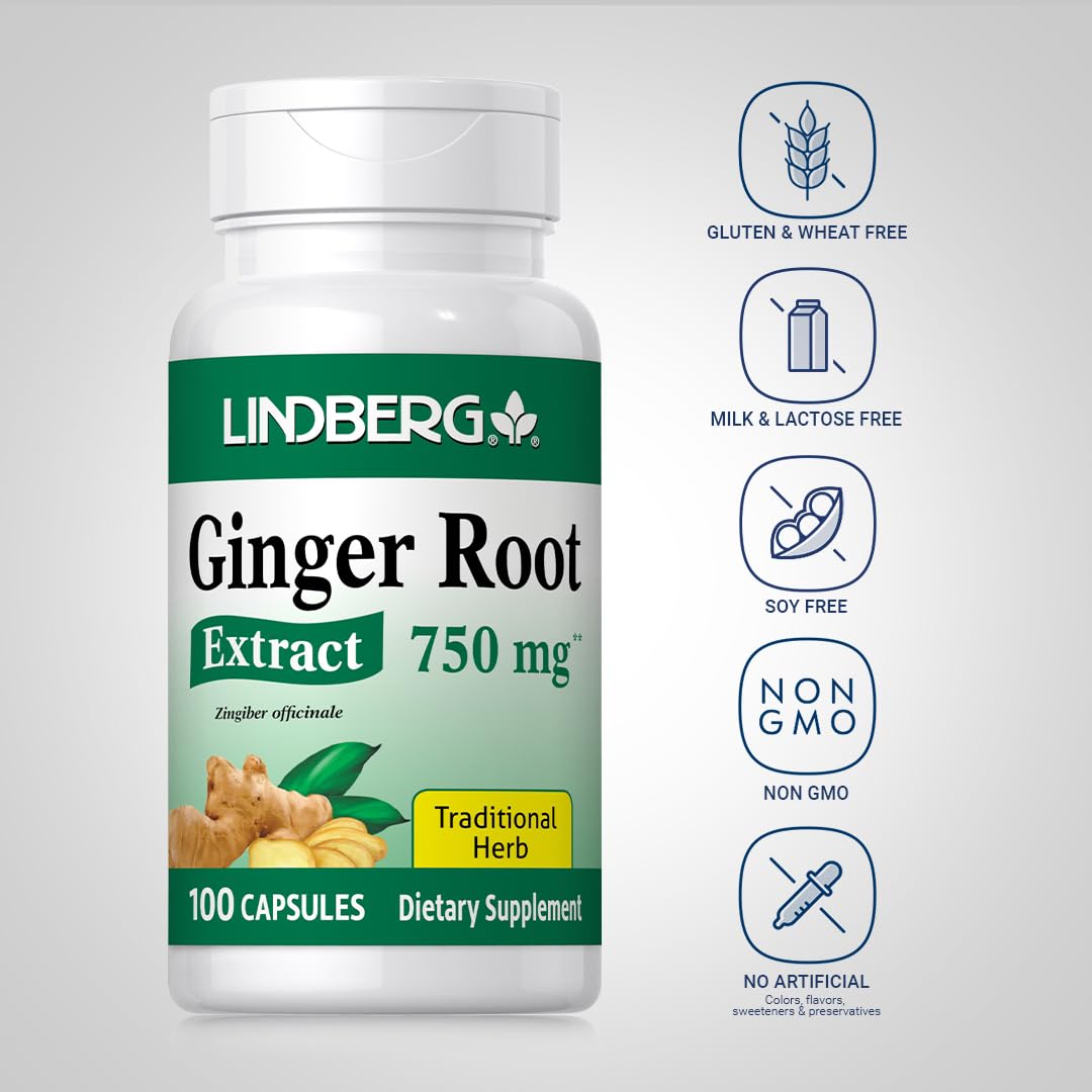 Lindberg Ginger Root Capsules | 750 mg | 100 Count | Non-GMO, Gluten Free Supplement
