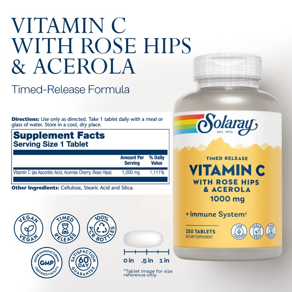 Pre-Order | Arrives in 5–10 Days – SOLARAY Vitamin C w/Rose HIPS & Acerola | 1000mg | Two-Stage Timed-Release Healthy Immune Function, Skin, Hair & Nails Support | Non-GMO | 250ct