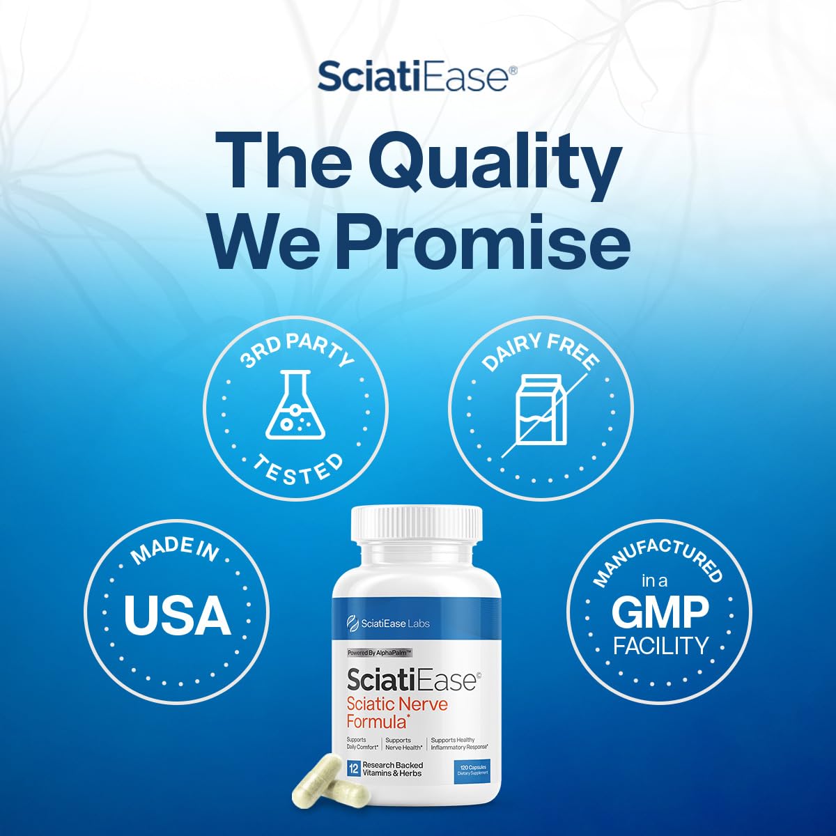 SciatiEase Sciatic Nerve Health Support Supplement - Nerve Support Formula with AlphaPalm, Pea, Vitamin B Complex, Alpha Lipoic Acid 300mg - 120 Capsules