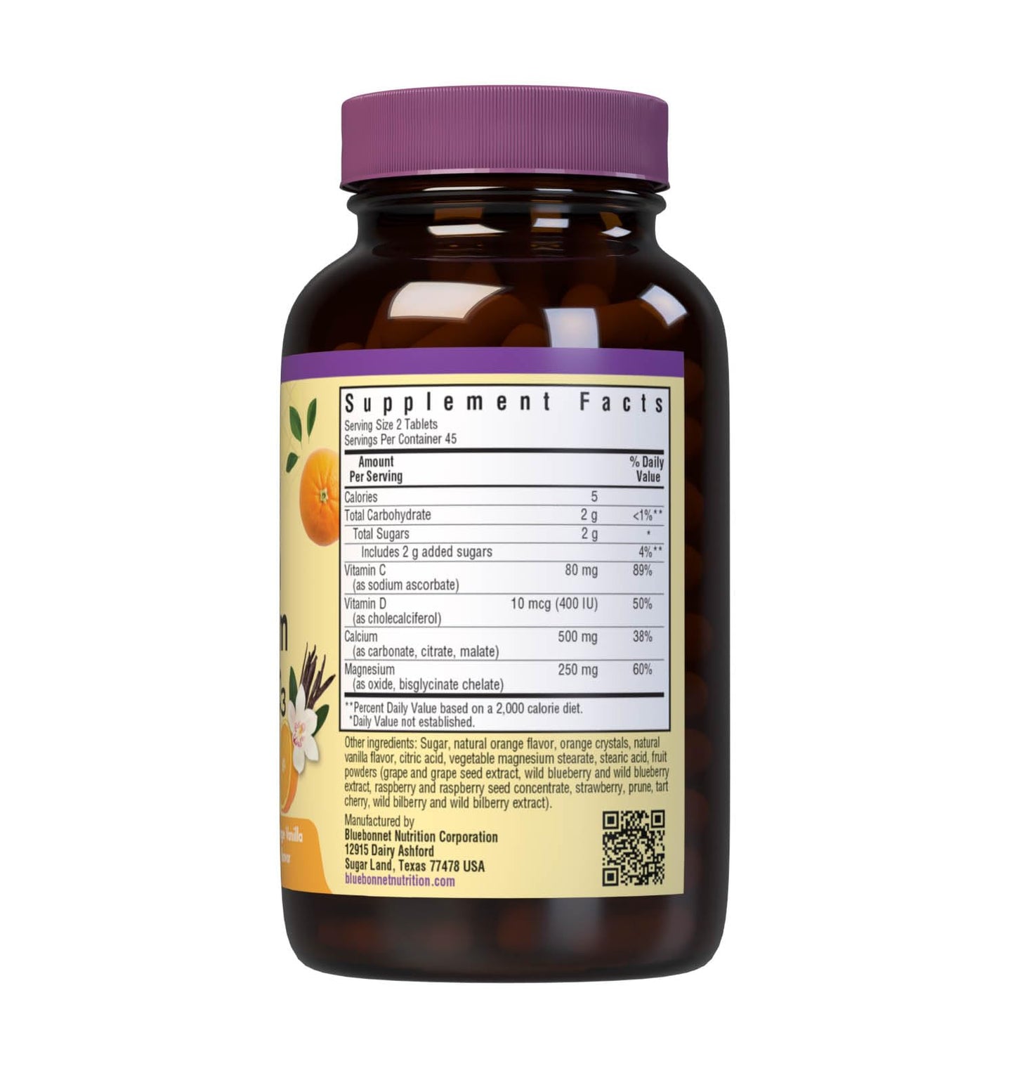 Pre-Order | Arrives in 5–10 Days – Bluebonnet Nutrition Calcium Magnesium Plus Vitamin D3 Earthsweet, Bone Health & Muscle Relaxation, Soy-Free, Gluten-Free, Kosher, Dairy-Free,90 Orange Vanilla Flavored Chewable Tablets
