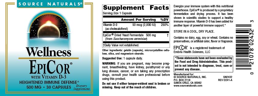 Source Naturals Wellness EpiCor with Vitamin D-3 for Heightened Immune Defense* - 30 Capsules