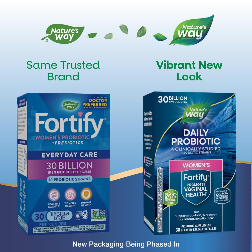 Nature's Way Fortify Daily Probiotic for Women, 30 Billion Live Cultures, 10 Strains, Prebiotics, Supports Digestive & Immune Health*, No Refrigeration Required, 30 Capsules (Packaging May Vary)