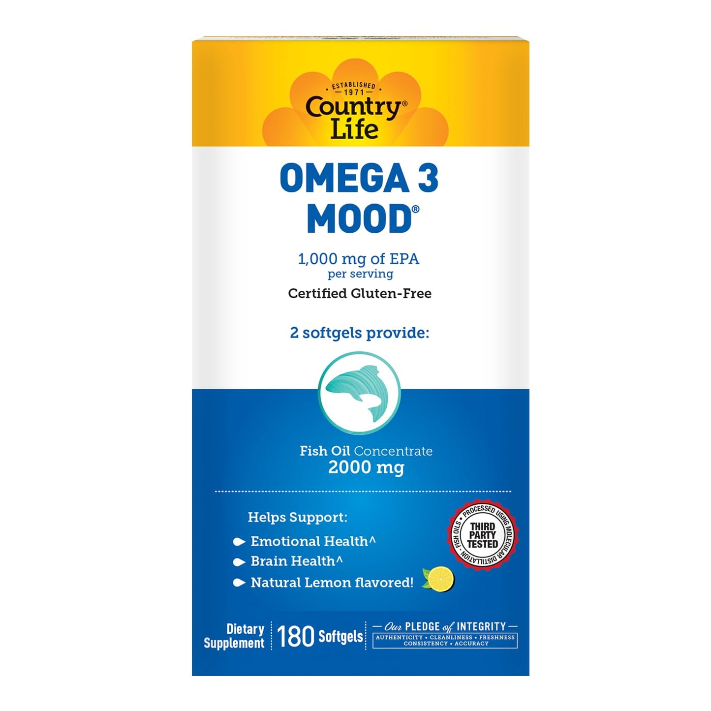 Pre-Order | Arrives in 5–10 Days – Country Life Omega 3 Fish Oil Supplement - High Concentration EPA and DHA Omega 3 Fatty Acids - 2000mg Fish Oil for Emotional Health, Mood Support, and No Fish Taste - Natural Lemon Flavor