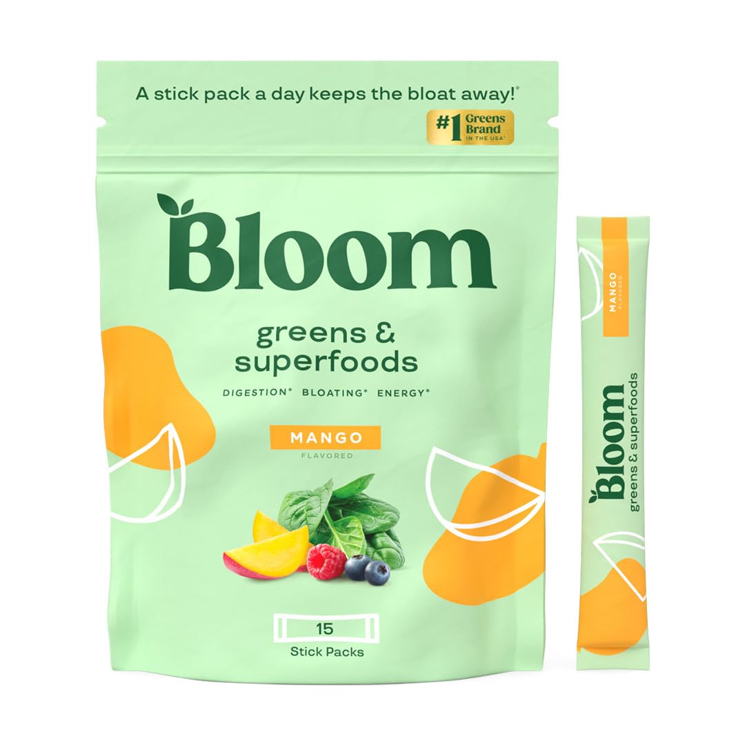 Pre-Order | Arrives in 5–10 Days –
Bloom Nutrition Superfood Greens Powder Stick Packs, Digestive Enzymes with Probiotics and Prebiotics, Gut Health, Bloating Relief for Women, Chlorella, Green Juice Mix, 15 SVG, Mango