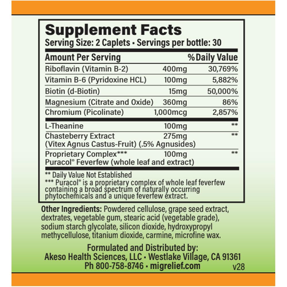 MigreLief+M – Advanced Nutritional Support Supplement for Women’s Neurological Health and Head Comfort – 60 Caplets (1-Month Supply)