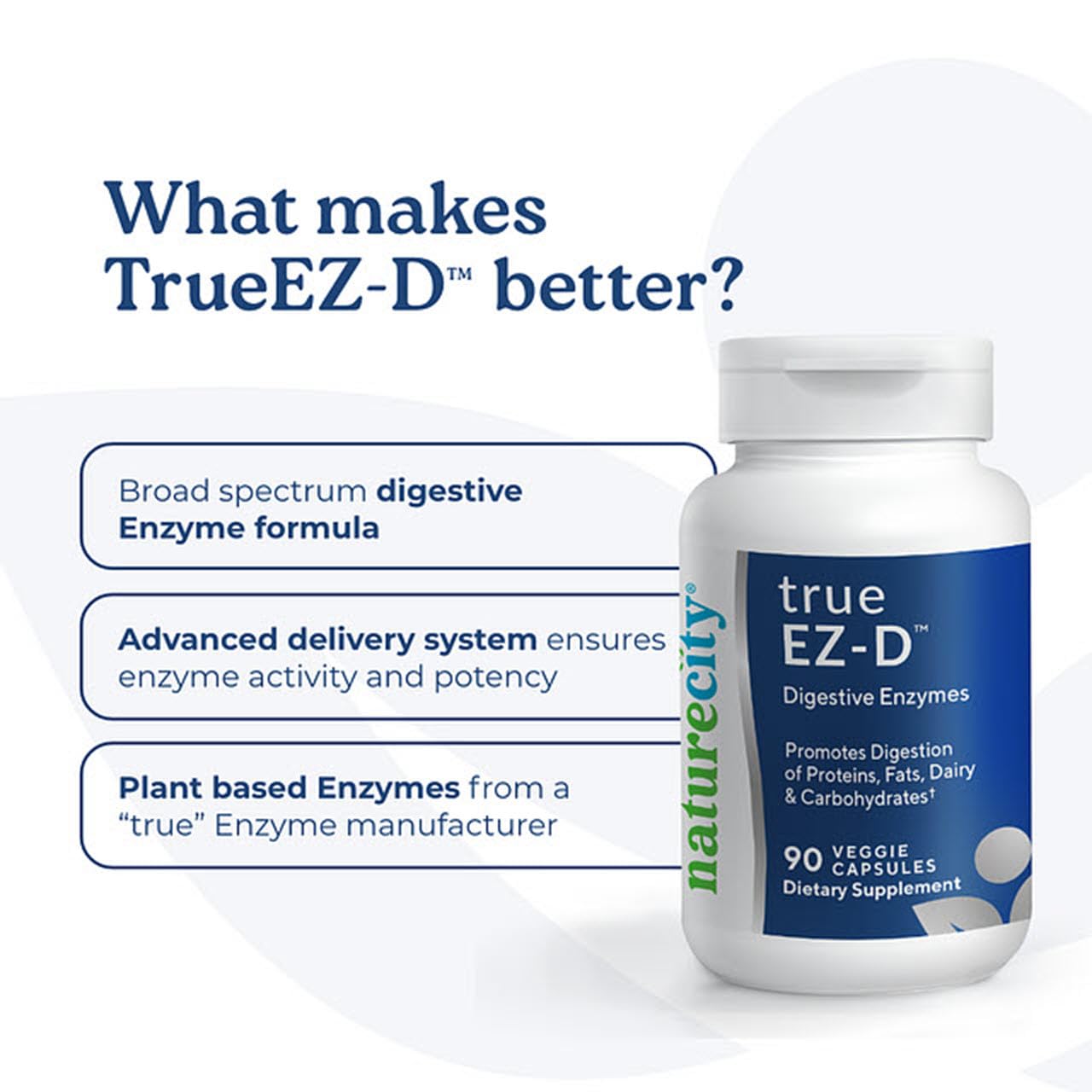 NatureCity True-EZ-D Non-GMO Digestive Enzyme Complex Supplement for Digestive Health and Bloating Relief for Men and Women (90 Veggie Capsules) Super Enzymes