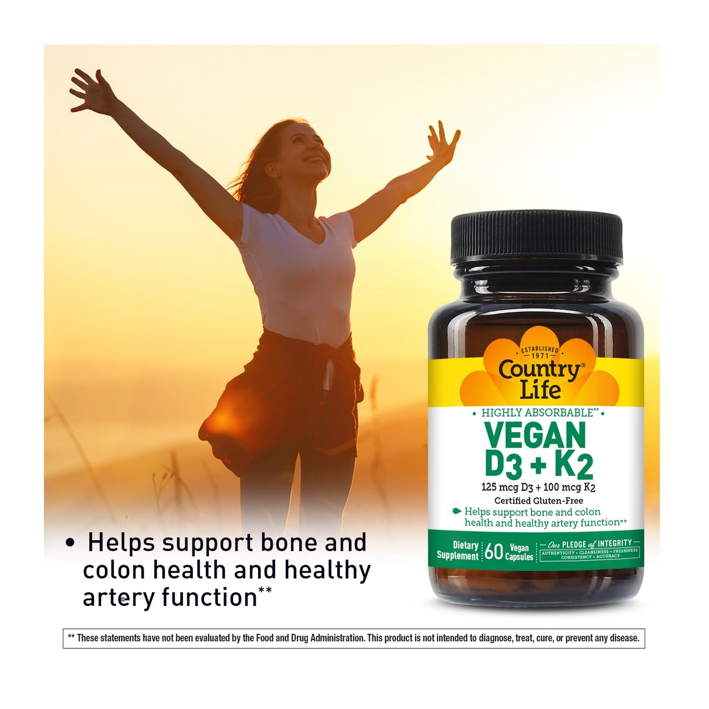 Pre-Order | Arrives in 5–10 Days – Country Life Vegan D3 + K2 – 5000 IU Vitamin D3 & 100 mcg MK-4 & MK-7 | Supports Bone, Immune, Colon & Artery Health | Certified Vegan, Gluten-Free, B-Corp, 60 Capsules