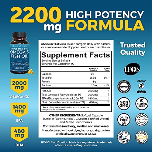 Viva Naturals Triple Strength Omega 3 Fish Oil Supplement - 2200 mg Wild Caught and Sustainably Sourced Fish Oil Vitamins with Omega 3 Fatty Acids Including EPA DHA, No Fish Burps, 180 Softgels