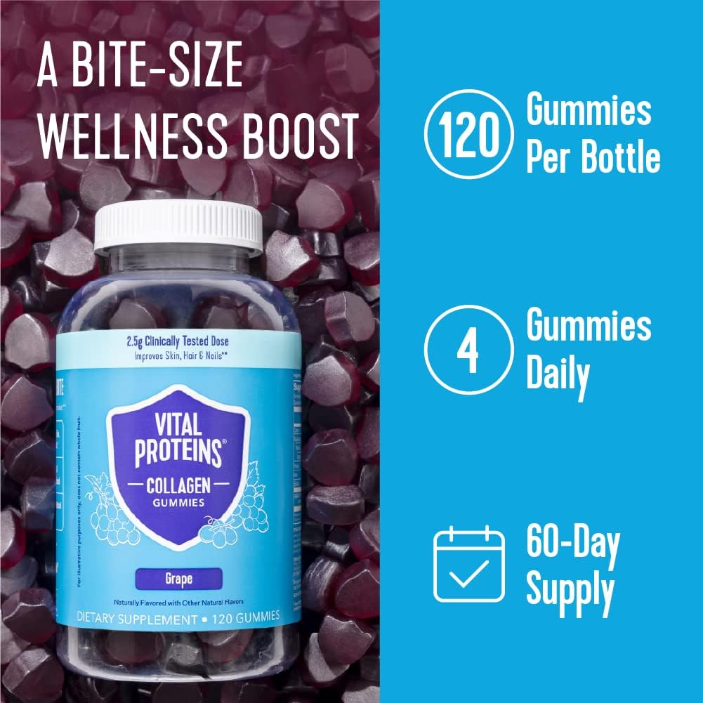 Vital Proteins Collagen Gummies, 2.5g of Clinically-Tested Collagen for Hair, Skin, Nails & Wrinkles, 120 ct, 30-Day Supply, Grape Flavor