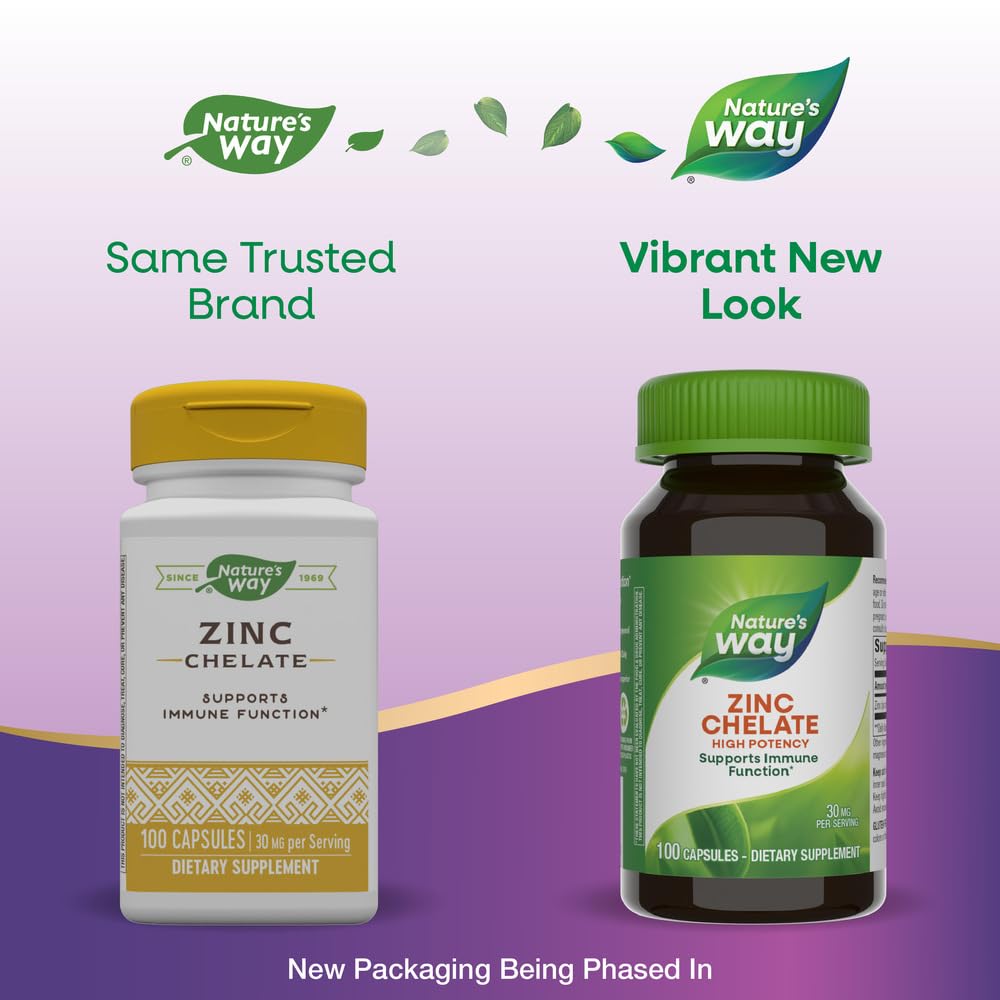 Nature's Way Zinc Chelate, Supports Immune Function*, 30 mg per Serving, 100 Capsules (Packaging May Vary) (Pack of 2)