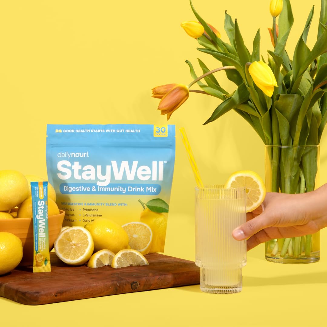 Pre-Order | Arrives in 5–10 Days – Daily Nouri StayWell Digestive & Immunity Drink Mix | Probiotics, Prebiotics, Colostrum, L-Glutamine, Magnesium, Manganese, Zinc, Vitamins for Gut Health, Digestion & Immune Support | 30 Stick Packs
