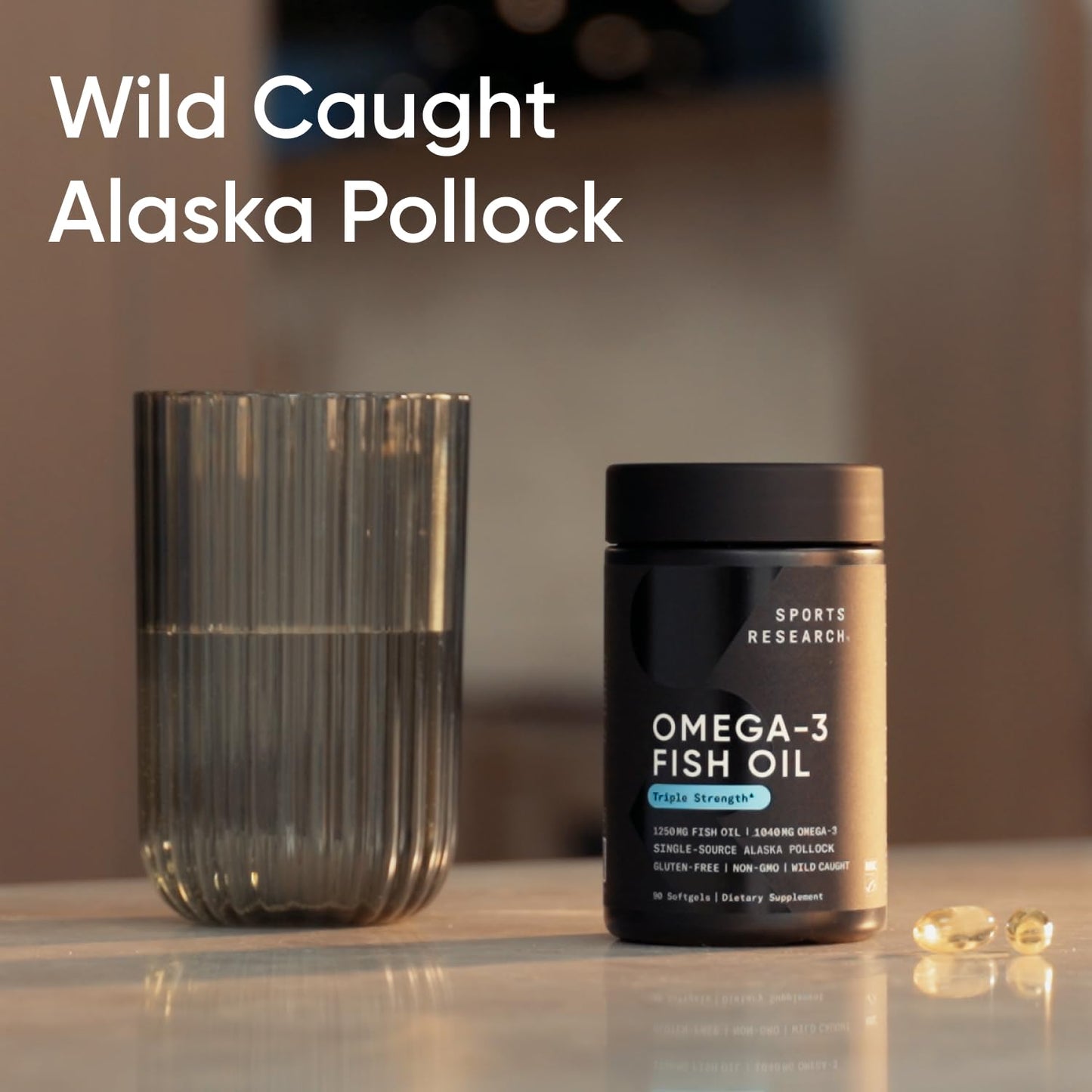 Sports Research 1250 mg Omega 3 Burpless Fish Oil from Single-Source Wild Alaskan Pollock, CoQ10 (200mg) Enhanced w/Coconut MCT Oil for Better Absorption and 5000iu Vitamin D with 100mcg Mk7 Vitamin K