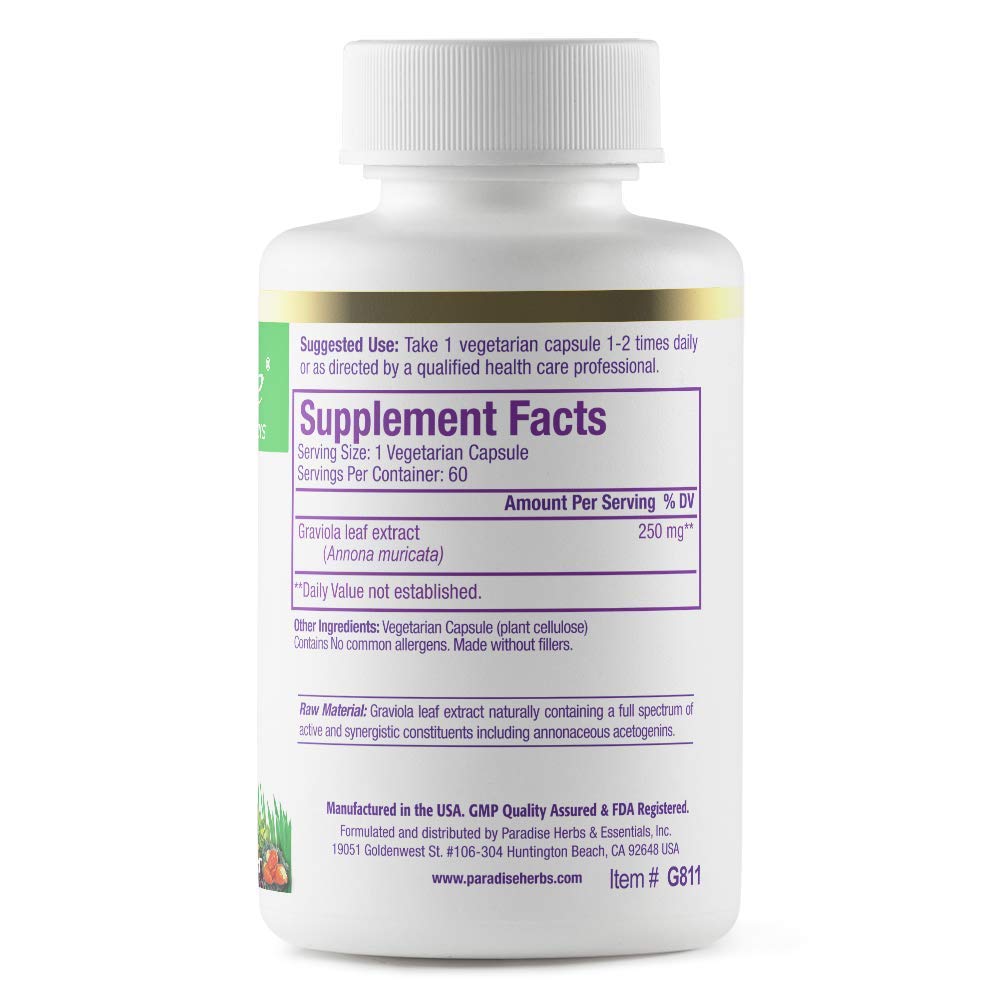 Paradise Herbs Graviola, Graviola Leaf Extract, Soursop Antioxidant Superfood, Whole Spectrum Extract, Ultra Pure, Vegan, Non-GMO, Gluten Free, 60 Count Vegetarian Capsules
