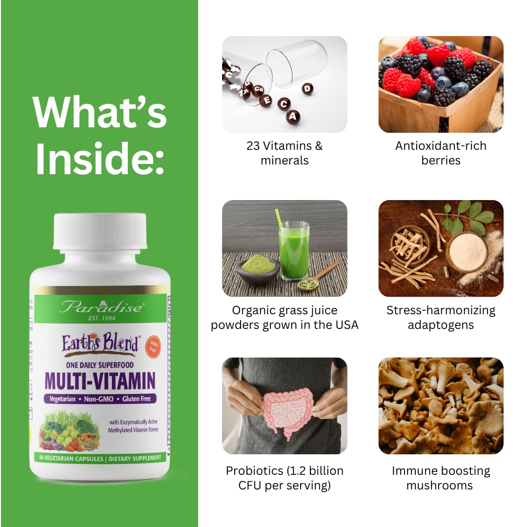 Pre-Order | Arrives in 5–10 Days – Paradise Herbs Earth's Blend Women's One Daily Multivitamin with Iron, 48 Organic Superfoods, Probiotics, Antioxidants, Vitamins A, B12, C, D, K2, Daily Superfood, 30 Capsules