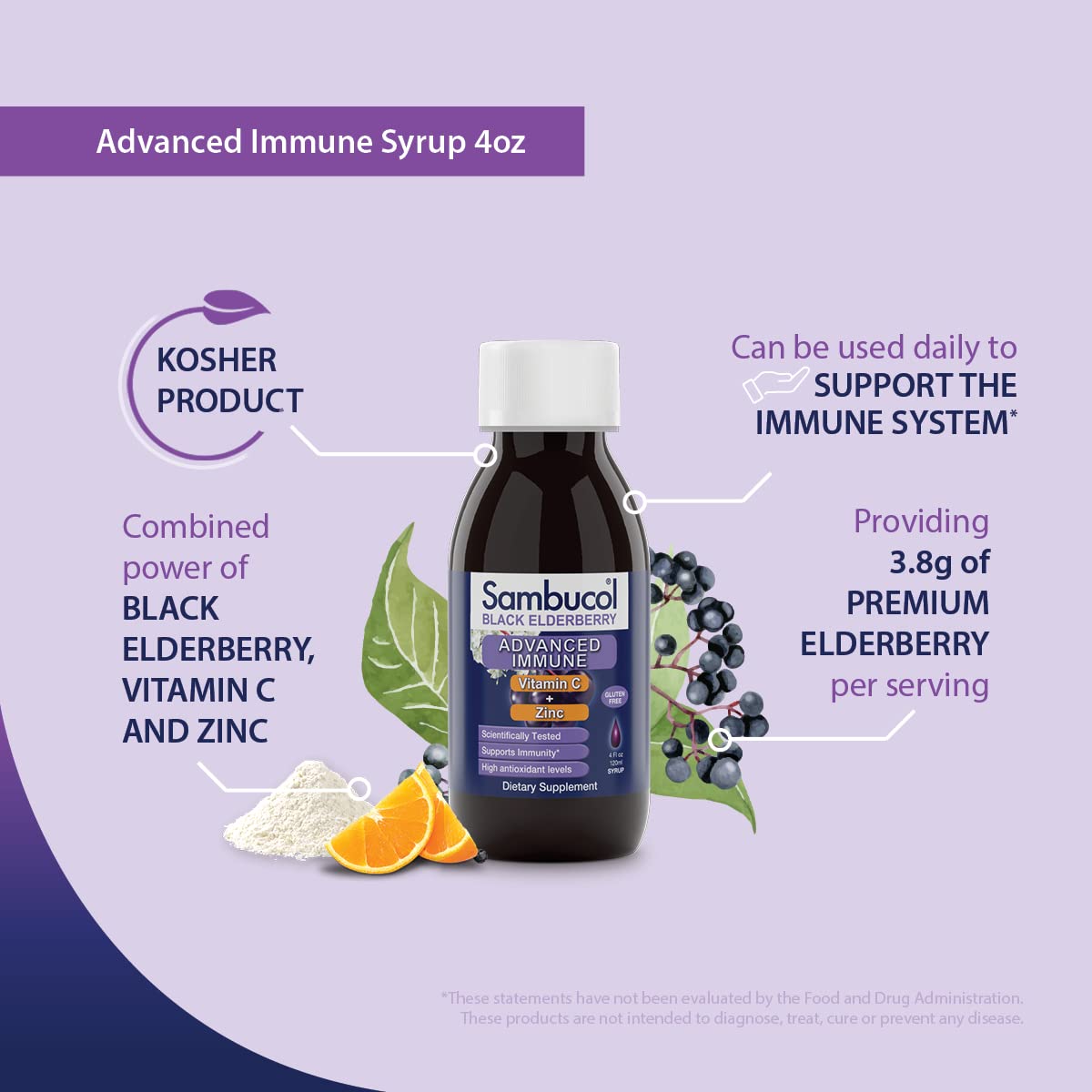 Sambucol Advanced Black Elderberry Syrup - Elderberry with Zinc and Vitamin C for Adults, Sambucus Elderberry Syrup, Elderberry Liquid - 4 Fl Oz