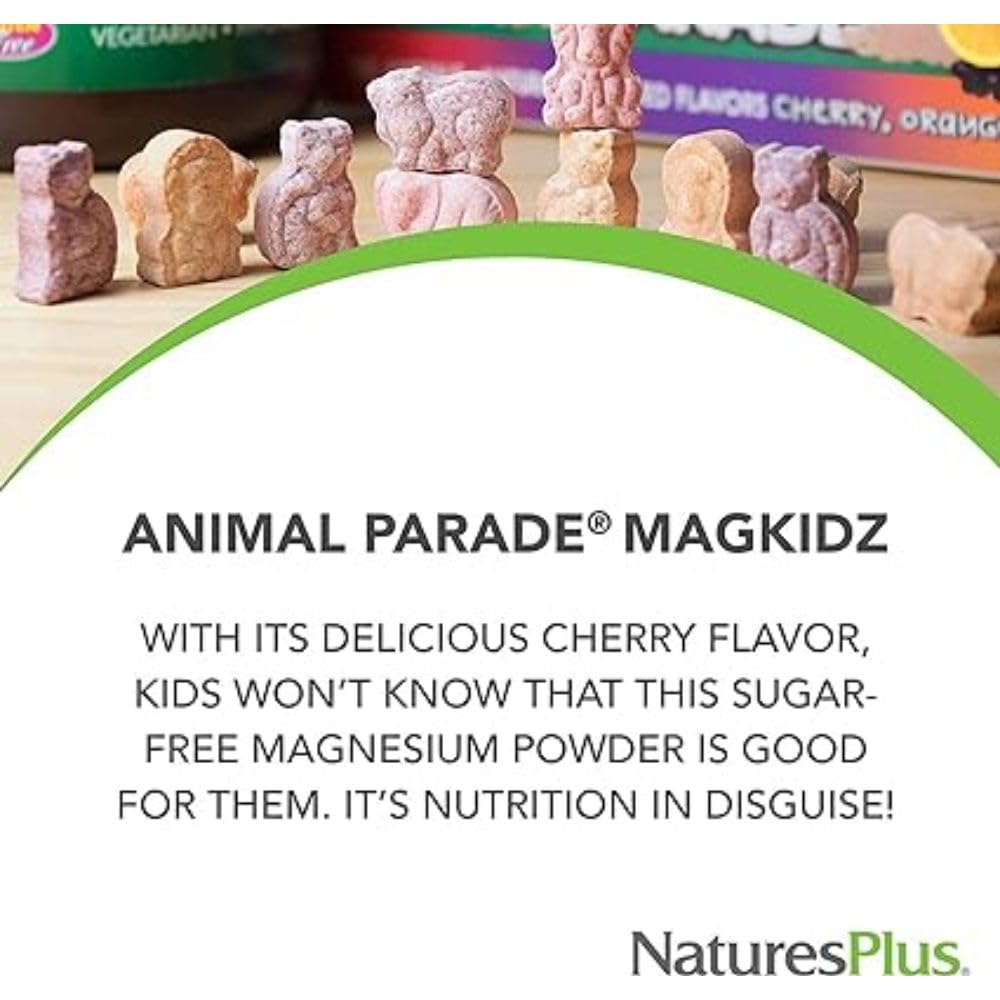 NaturesPlus Animal Parade MagKidz, Cherry Flavor - 0.38 lb - Children's Magnesium Powder Supplement - Bone & Muscle Health Support - Gluten Free, Sugar Free - 45 Servings