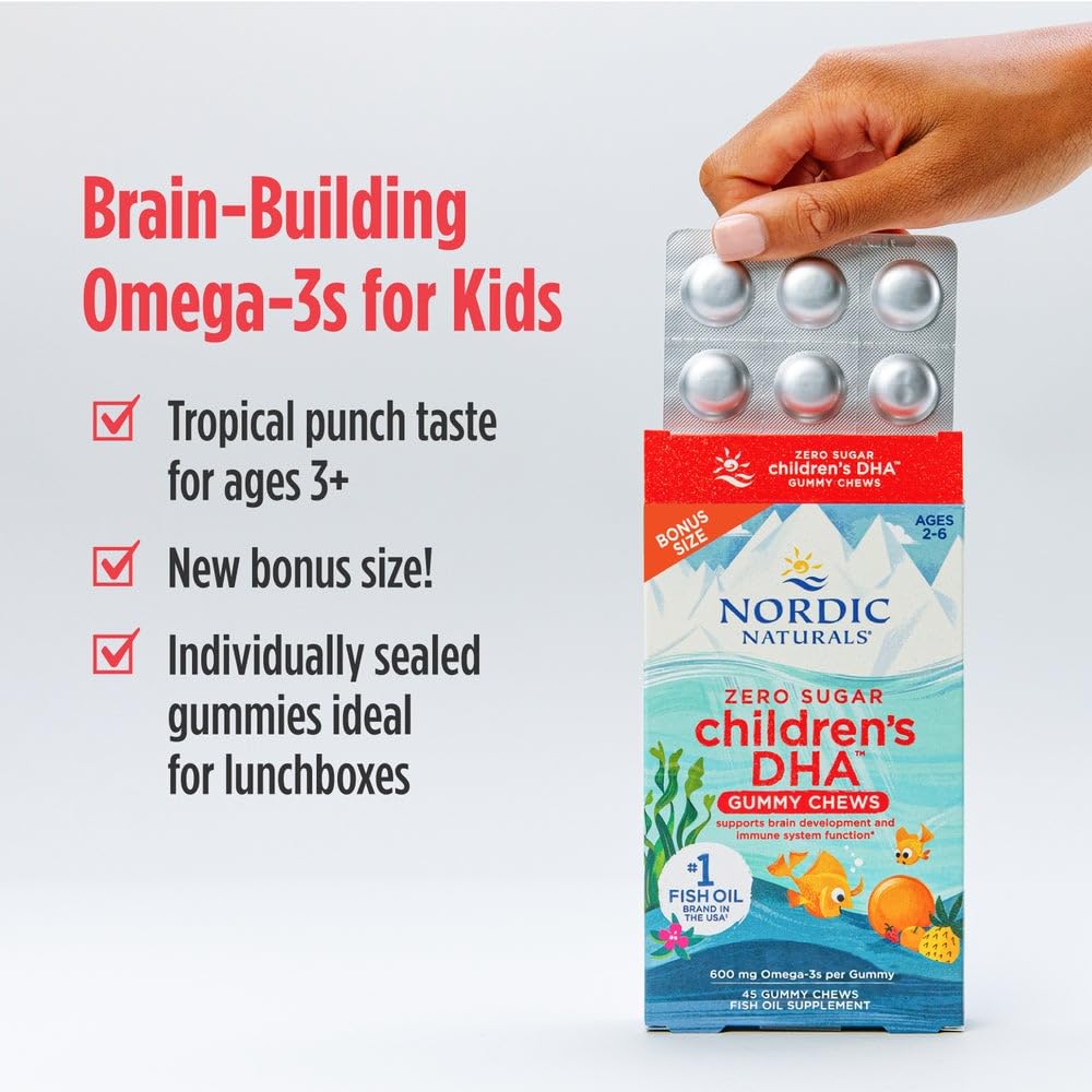 Pre-Order | Arrives in 5–10 Days – Nordic Naturals Zero Sugar Children’s DHA Gummy Chews, Tropical Punch - 45 Gummy Chews for Kids - 600 mg Total Omega-3s - Brain Development, Learning, Healthy Immunity - Non-GMO - 45 Servings