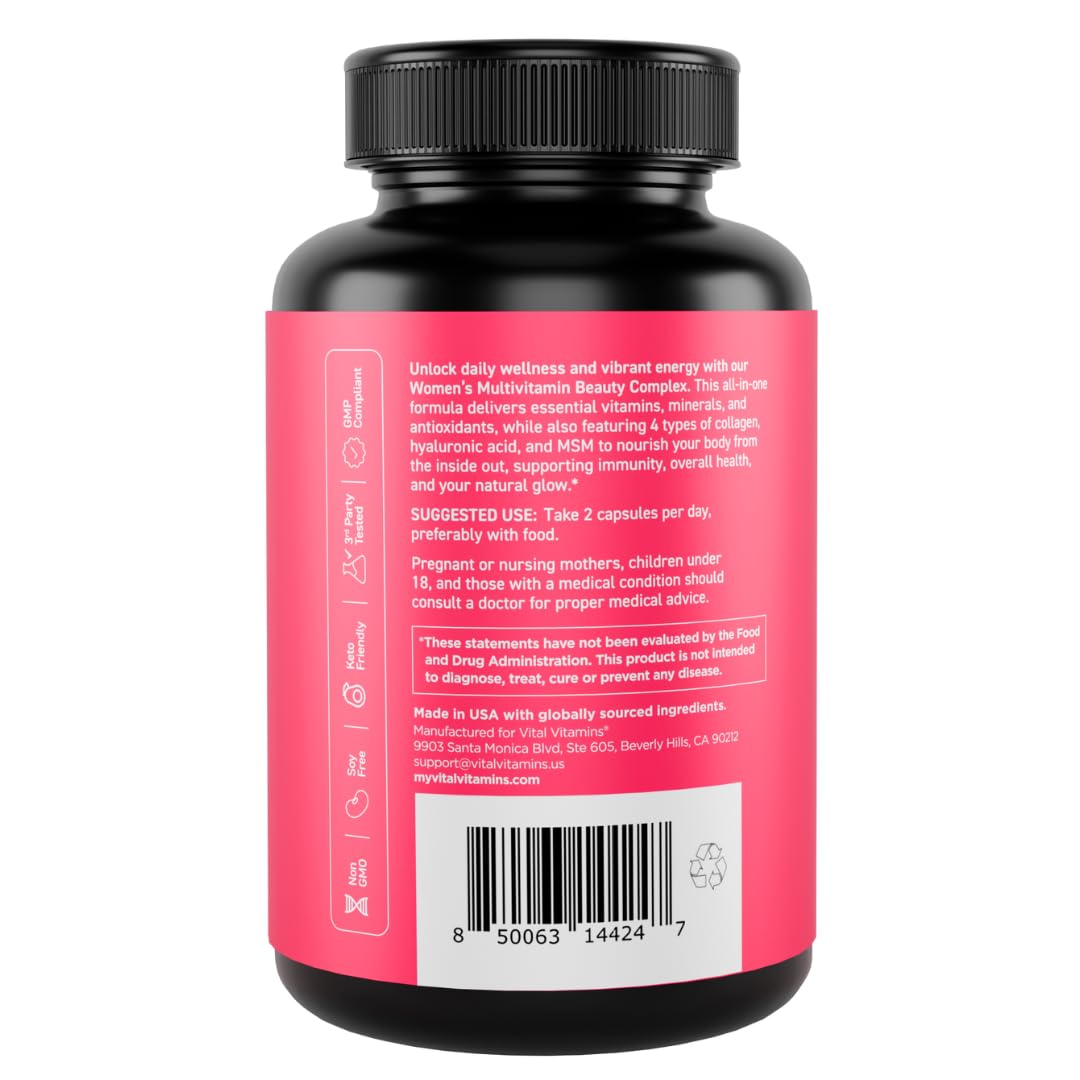 Vital Vitamins Women's Multivitamin Complex - Made with Multi-Collagen Blend, Hyaluronic Acid, & MSM - Beauty Multivitamins - with Vitamin A, C, E, B6, B12, D3-60 Capsules