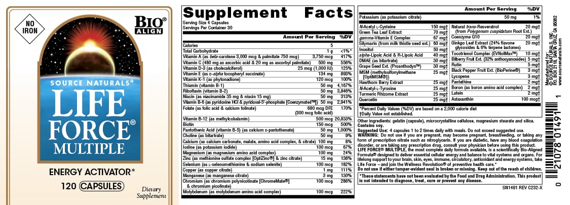 Pre-Order | Arrives in 5–10 Days – Source Naturals Life Force Multiple Iron Free Daily Multivitamin High Potency Essential Vitamins, Minerals, Antioxidants & Nutrients - Energy & Immune Boost* - 120 Capsules