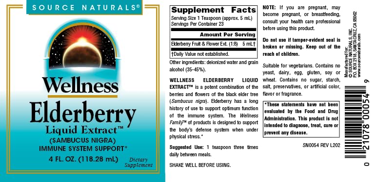 Pre-Order | Arrives in 5–10 Days – Source Naturals Wellness Elderberry Liquid Extract, for Immune System Support* - Sambucus nigra - 4 Fluid oz