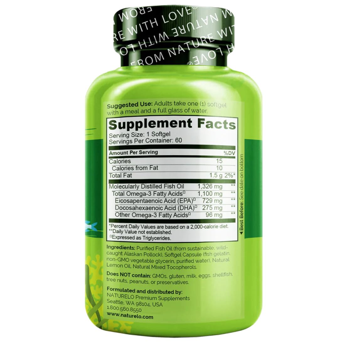 NATURELO Burpless Omega 3 Fish Oil Supplement - 1100mg Triglyceride Omega-3, EPA + DHA, Liquid Fish Oil for Heart, Eye, Brain, Joint Health - 60 Softgels, 2 Months Supply
