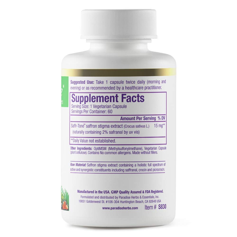 Paradise Herbs Saffr-Tone, Saffron Extract, Active Whole Spectrum Extract, Super Potent, Ultra Pure, Vegan, Non-GMO, Gluten Free, 60 Vegetarian Capsules