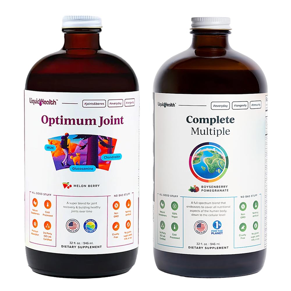 LIQUIDHEALTH Optimum Joint Glucosamine Chondroitin Supplement & Complete Multiple Daily Multivitamin Bundle for Men & Women - Immune Support, Bone Joint Health, Whole Foods - USA Made, Vegan, Non-GMO