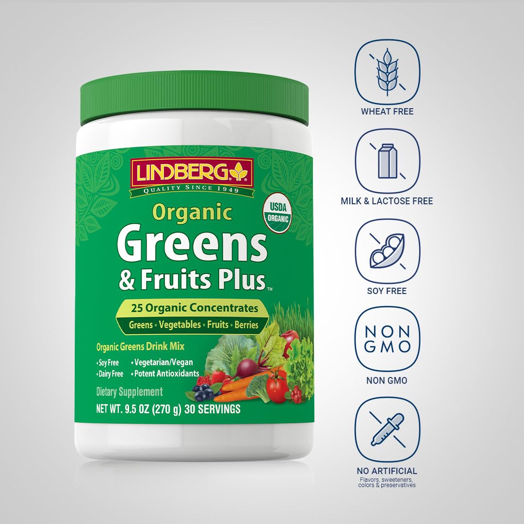 Lindberg Organic Fruit and Vegetable Powder | 9.5 oz | Greens Drink Mix | 28 Concentrates Plus | Vegan, Non-GMO, Gluten Free Supplement