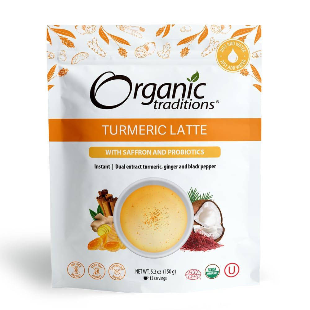 Organic Traditions Turmeric Latte – Creamy Coconut Milk Base – Saffron & Turmeric Blend – Easy to Mix – Sweetened with Coconut Palm Sugar – 1 Billion Probiotics per Serving - 150g/5.3oz Bag