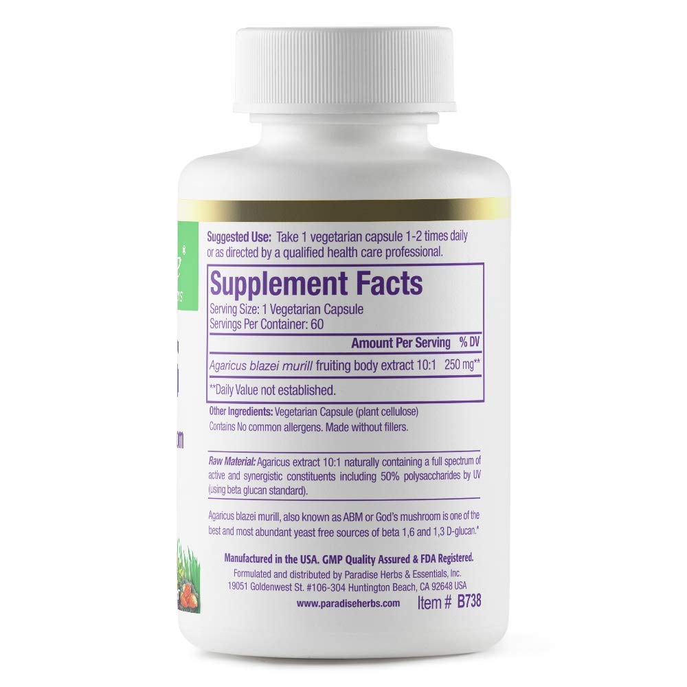 Pre-Order | Arrives in 5–10 Days – Paradise Herbs Beta Glucans, from Yeast Free Agaricus Mushrooms, Vegan, Non GMO, Gluten Free, 60 Count Vegetarian Capsules