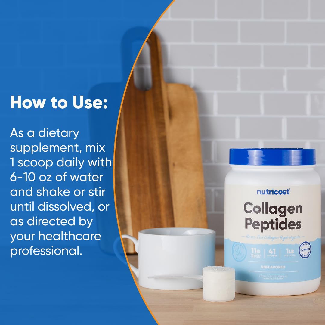 Nutricost Grass-Fed Collagen Powder 1LB (454 G) - Bovine Collagen Hydrolysate (Unflavored) - Collagen Peptides