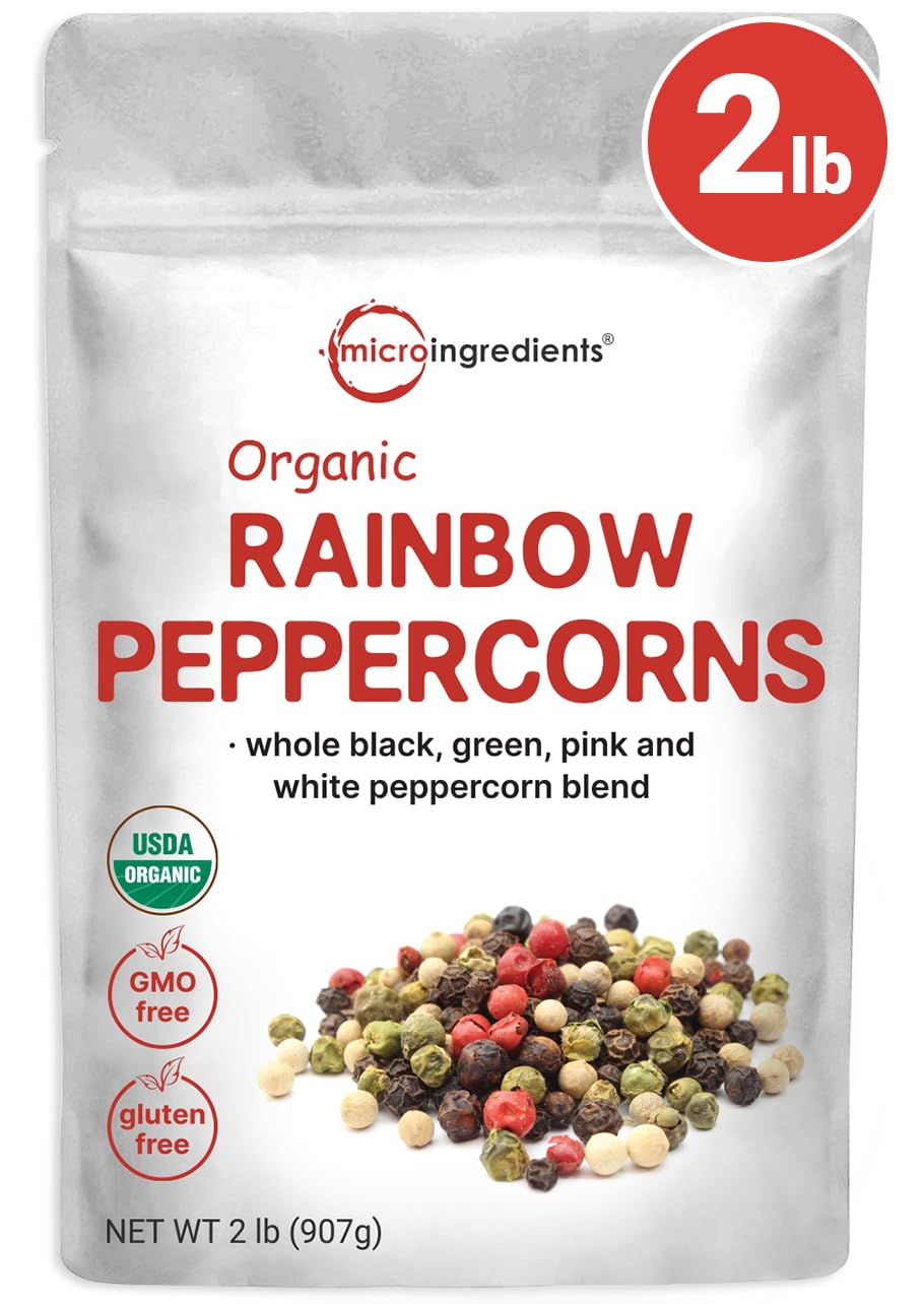 Micro Ingredients Organic Whole Rainbow Peppercorns, 2lbs | Premium Whole Peppercorns for Grinder Refill | Great for Seasonings, Meats & Vegetables | Additive Free, Non-GMO, Bulk Supply