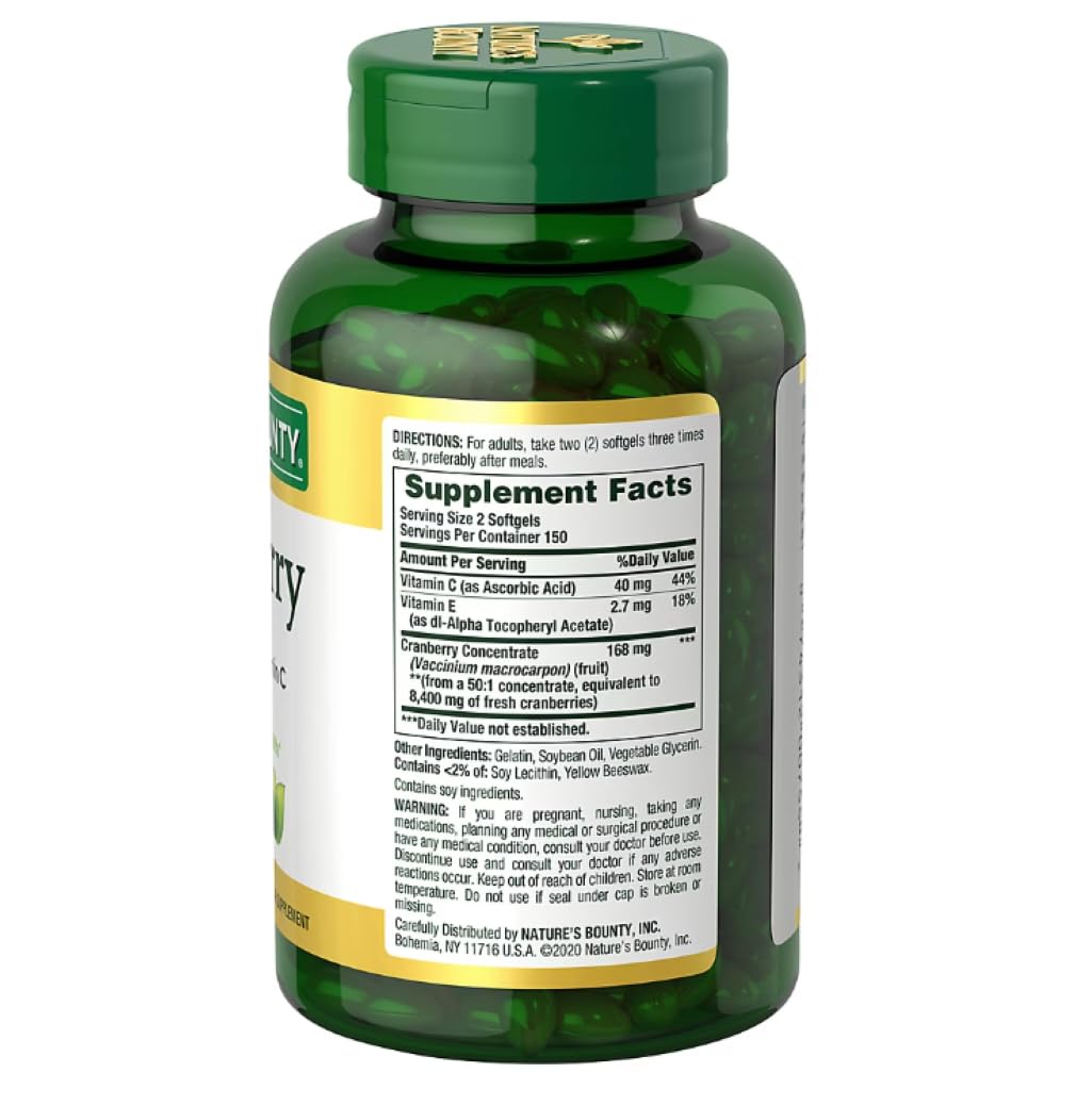 NATURES BOUNTY Cranberry Fruit 4200mg with Vitamin C, Herbal Supplement, Supports Urinary Health, 300 Rapid Release Softgels Plus 2 Sugar-Free White Peach Hydration Sticks